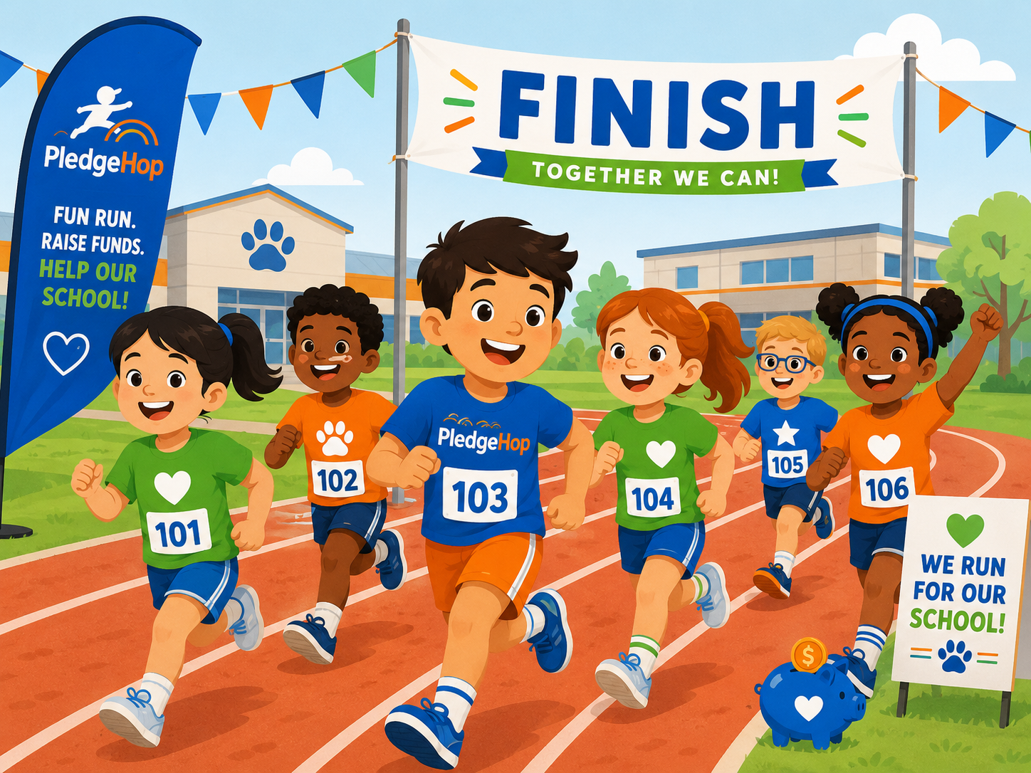 Kids crossing the PledgeHop fun-run finish line