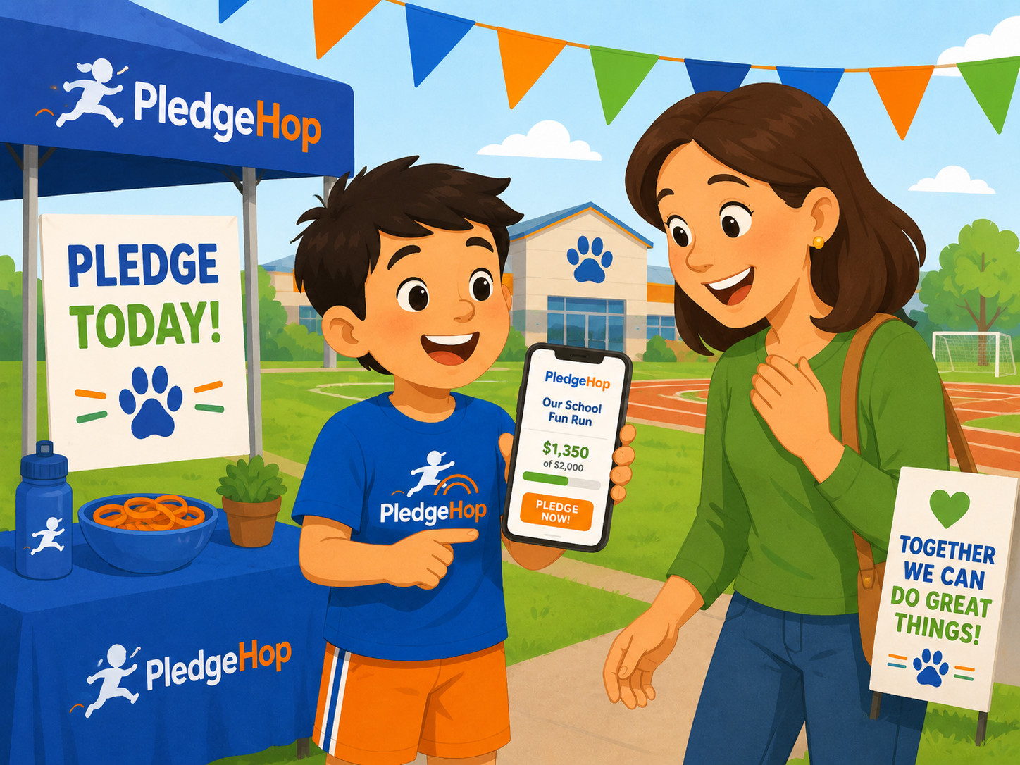 A student showing the PledgeHop app to a parent
