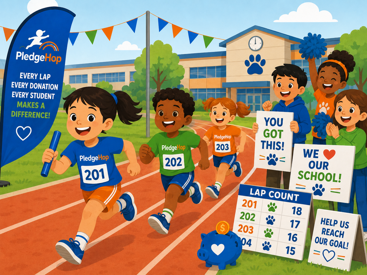 Kids running laps as classmates cheer them on